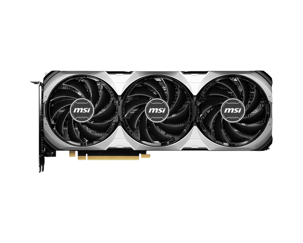 msi-geforce-rtx-4070-ventus-3x-12g-oc-pohlad-zhora MSI GeForce RTX 4070 VENTUS 3X 12G OC – Pohľad zhora na trojicu ventilátorov karty MSI RTX 4070
