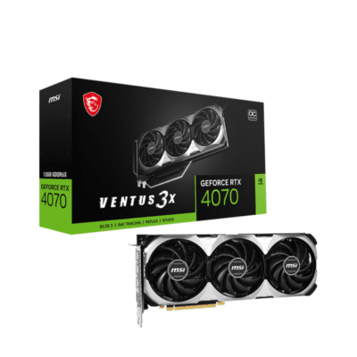 MSI GeForce RTX 4070 VENTUS 3X 12G OC – Produktové balenie s krabicou a grafickou kartou MSI RTX 4070