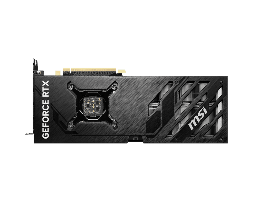 msi-geforce-rtx-4070-ventus-3x-12g-oc-zadna-strana MSI GeForce RTX 4070 VENTUS 3X 12G OC – Zadná strana grafickej karty s výrezmi na chladenie a logom MSI