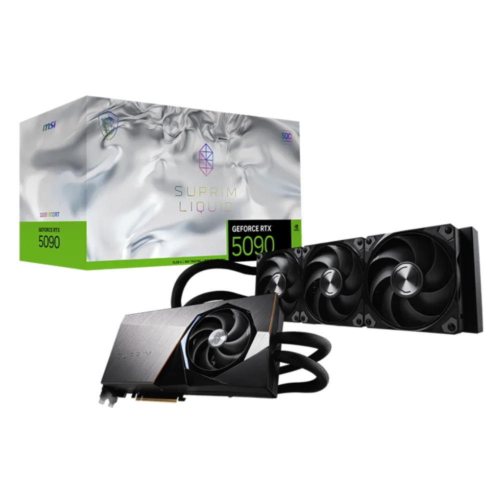MSI GeForce RTX 5090 32G SUPRIM LIQUID SOC – Balenie a karta s kvapalinovým chladením a radiátorom MSI GeForce RTX 5090 32G SUPRIM LIQUID SOC – Balenie a karta s kvapalinovým chladením a radiátorom