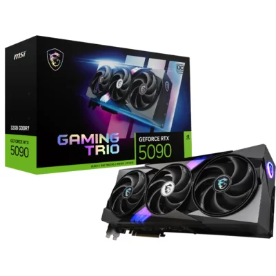 MSI GeForce RTX 5090 32G GAMING TRIO OC – Balenie a karta z boku so zapnutým RGB osvetlením