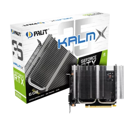 Palit GeForce RTX 3050 KalmX 6GB – balenie s krabicou a grafická karta s masívnym pasívnym chladičom