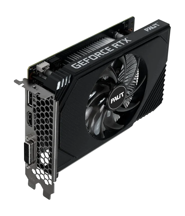 Palit GeForce RTX 3050 StormX 6GB – Bočný pohľad na grafickú kartu a výstupné porty Palit GeForce RTX 3050 StormX 6GB – Bočný pohľad na grafickú kartu a výstupné porty