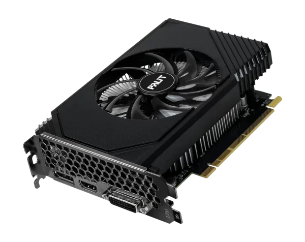 Palit GeForce RTX 3050 StormX 6GB – Pohľad z uhla na chladiaci ventilátor a zadný panel s portami