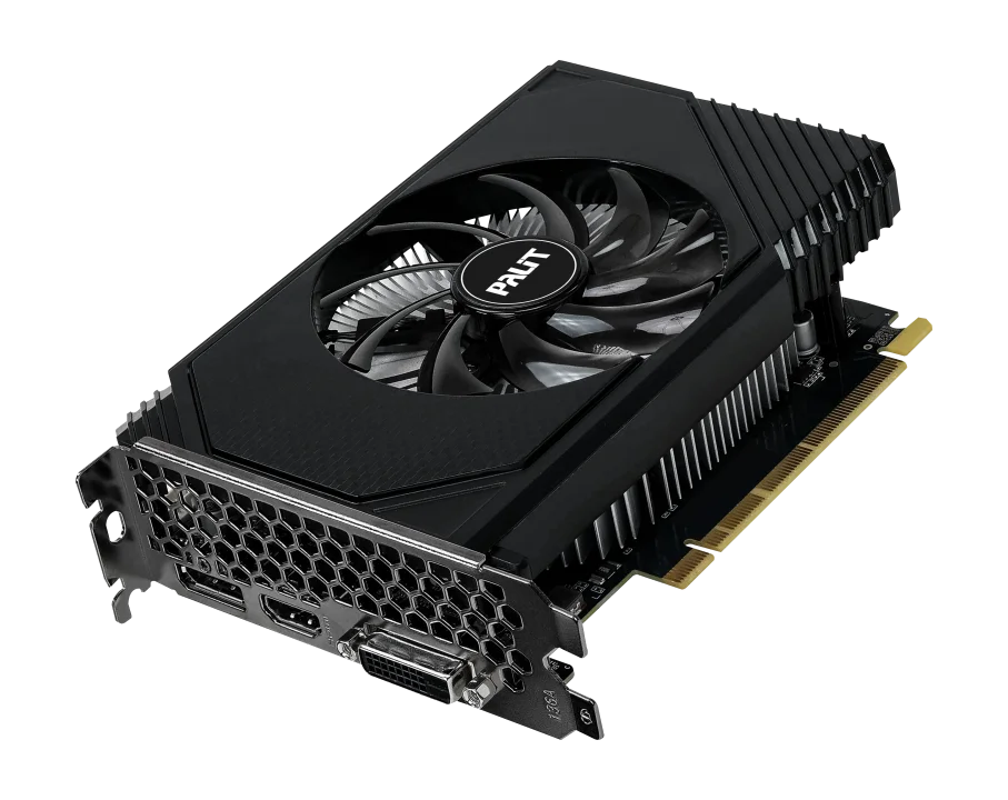 Palit GeForce RTX 3050 StormX 6GB – Pohľad z uhla na chladiaci ventilátor a zadný panel s portami Palit GeForce RTX 3050 StormX 6GB – Pohľad z uhla na chladiaci ventilátor a zadný panel s portami