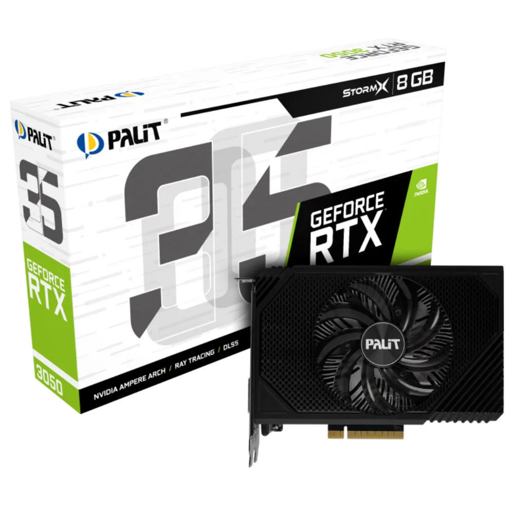 Palit GeForce RTX 3050 StormX 8 GB – Balenie s grafickou kartou pred krabicou Palit GeForce RTX 3050 StormX 8 GB – Balenie s grafickou kartou pred krabicou