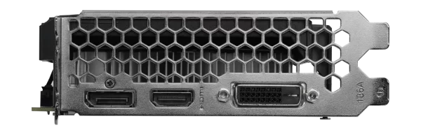 Palit GeForce RTX 3050 StormX 8 GB – Zadný panel grafickej karty s výstupmi DisplayPort, HDMI a DVI