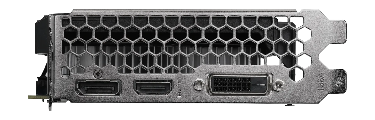 Palit GeForce RTX 3050 StormX 8 GB – Zadný panel grafickej karty s výstupmi DisplayPort, HDMI a DVI Palit GeForce RTX 3050 StormX 8 GB – Zadný panel grafickej karty s výstupmi DisplayPort, HDMI a DVI