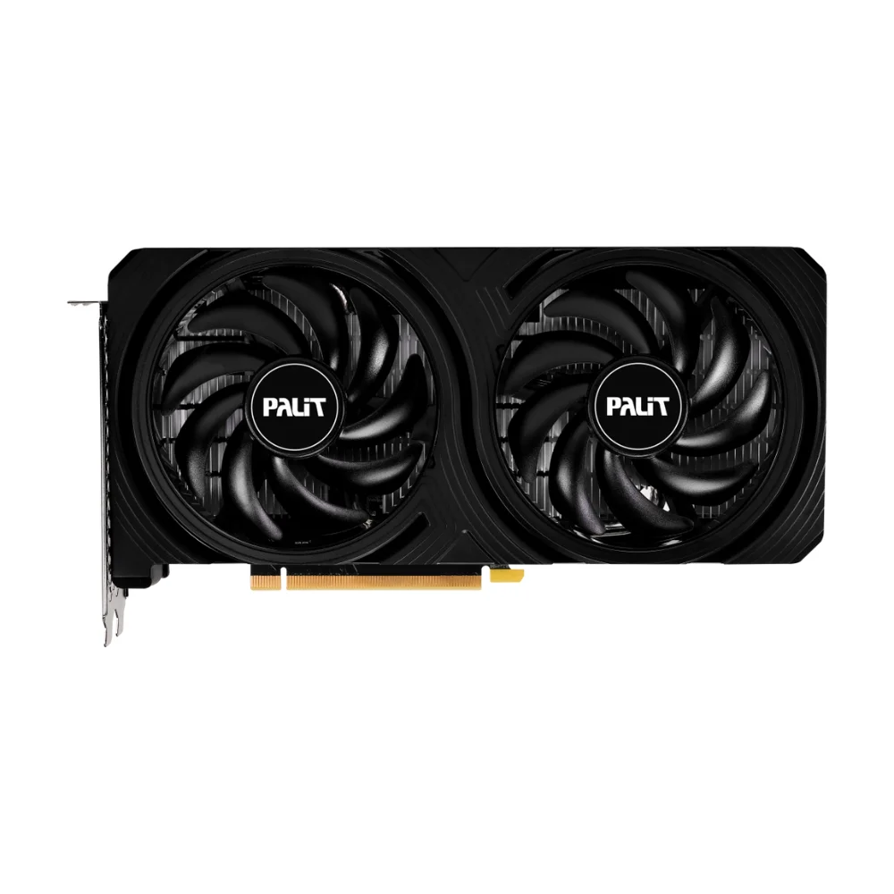 Palit GeForce RTX 4060 Infinity 2 8 GB – Predný pohľad na grafickú kartu s dvojicou ventilátorov Palit GeForce RTX 4060 Infinity 2 8 GB – Predný pohľad na grafickú kartu s dvojicou ventilátorov