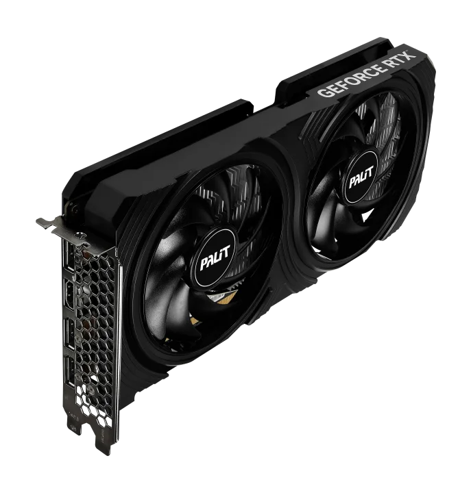 Palit GeForce RTX 4060 Infinity 2 8 GB – Šikmý pohľad na grafickú kartu s ventilátormi Palit GeForce RTX 4060 Infinity 2 8 GB – Šikmý pohľad na grafickú kartu s ventilátormi