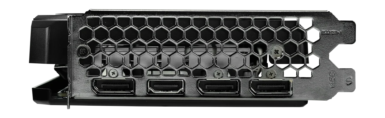 Palit GeForce RTX 4060 Infinity 2 8 GB – Zadný panel grafickej karty s výstupmi DisplayPort a HDMI Palit GeForce RTX 4060 Infinity 2 8 GB – Zadný panel grafickej karty s výstupmi DisplayPort a HDMI