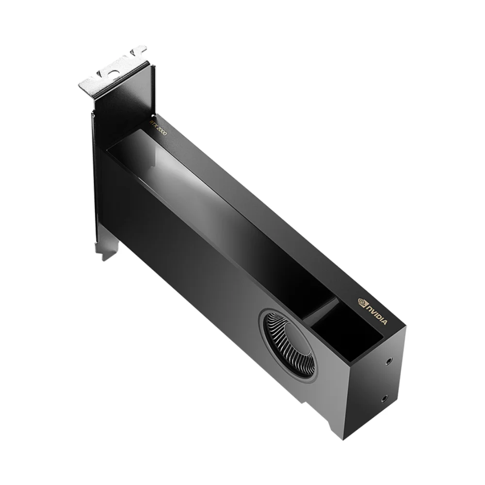 PNY NVIDIA RTX 2000 Ada Generation 16 GB – Horný pohľad na kompaktný dizajn a ventilátor PNY NVIDIA RTX 2000 Ada Generation 16 GB – Horný pohľad na kompaktný dizajn a ventilátor