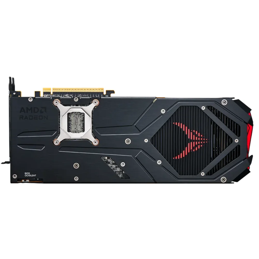 PowerColor Red Devil AMD Radeon RX 9070 16GB GDDR6 – Zadná strana grafickej karty s čiernym krytom a červeným logom PowerColor Red Devil AMD Radeon RX 9070 16GB GDDR6 – Zadná strana grafickej karty s čiernym krytom a červeným logom