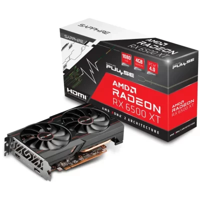 SAPPHIRE PULSE AMD Radeon RX 6500 XT 4GB – Predný pohľad na grafickú kartu s krabicou
