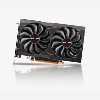 SAPPHIRE PULSE AMD Radeon RX 6500 XT 4GB – Predný pohľad na grafickú kartu s dvoma ventilátormi