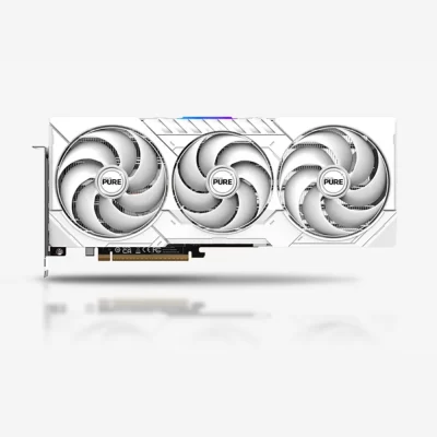 SAPPHIRE PURE AMD Radeon RX 9070 XT GPU 16 GB – Predný pohľad na kartu s tromi bielymi ventilátormi
