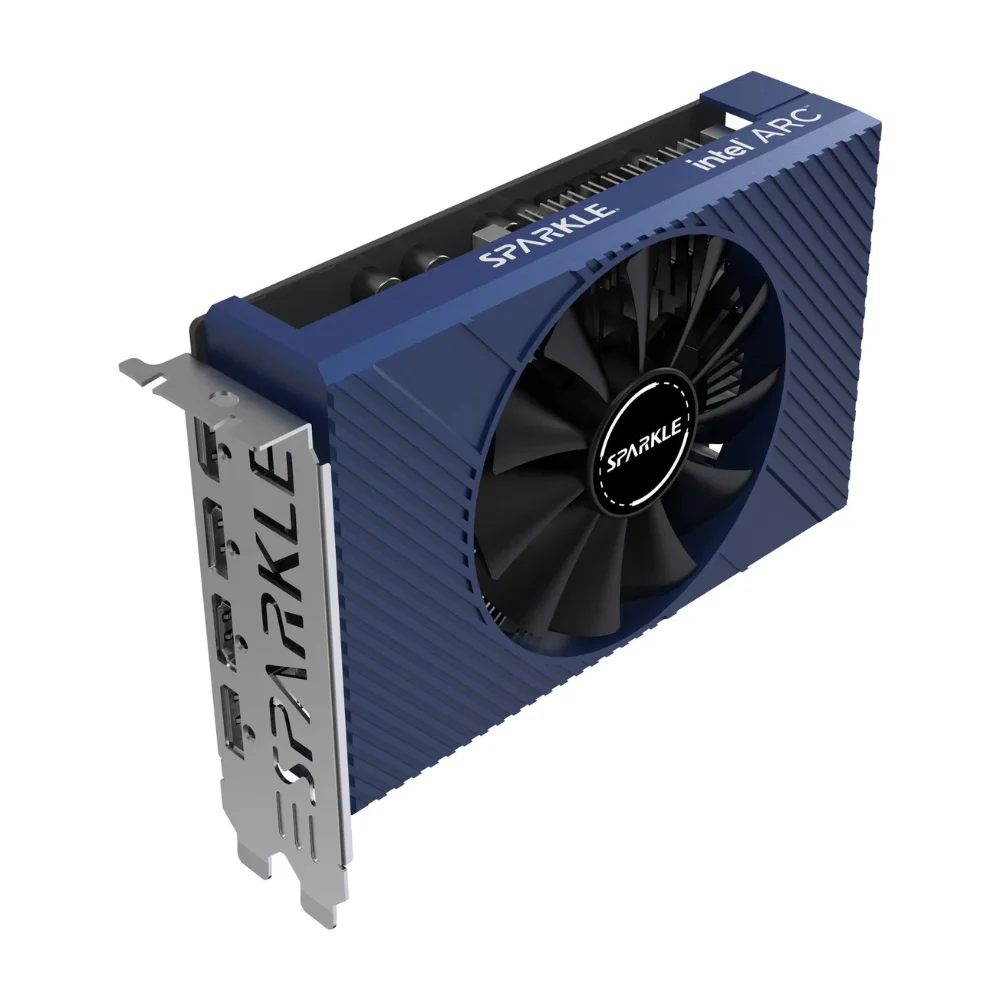 SPARKLE Intel Arc A380 ELF 6GB GDDR6 – Pohľad zhora s ventilátorom a logom SPARKLE Intel Arc A380 ELF 6GB GDDR6 – Pohľad zhora s ventilátorom a logom