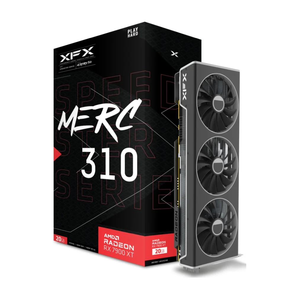 XFX SPEEDSTER MERC 310 AMD Radeon RX 7900 XT 20 GB – Predná časť grafickej karty so štýlovými ventilátormi a chladičom XFX SPEEDSTER MERC 310 AMD Radeon RX 7900 XT 20 GB – Predná časť grafickej karty so štýlovými ventilátormi a chladičom