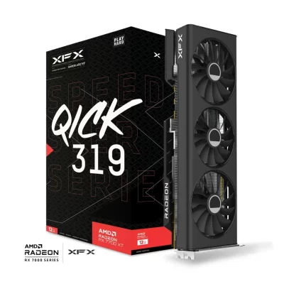 XFX Speedster QICK 319 Radeon RX 7700 XT Black Edition 12 GB – Produktové balenie s krabicou a grafickou kartou v štýle QICK 319