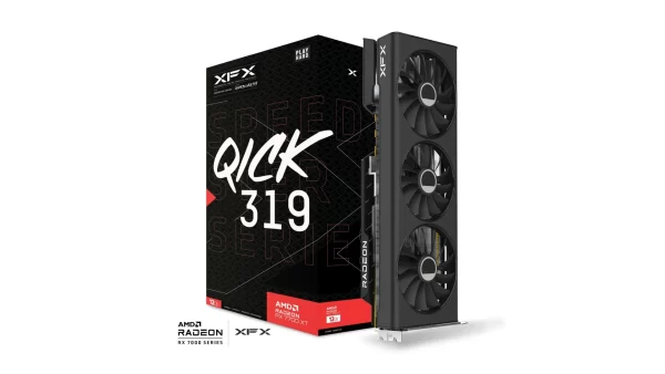XFX Speedster QICK 319 Radeon RX 7700 XT Black Edition 12 GB – Produktové balenie s krabicou a grafickou kartou v štýle QICK 319