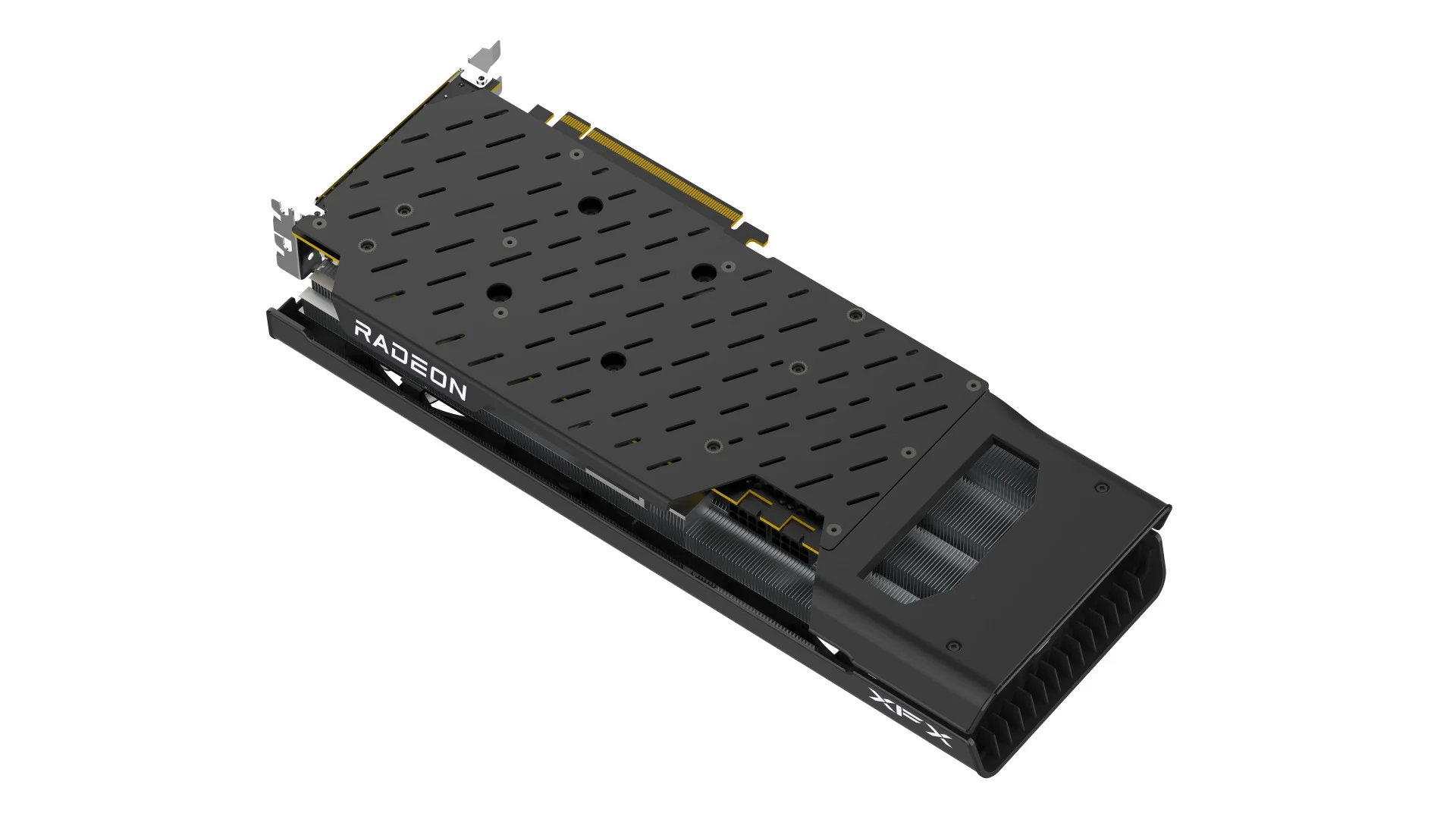 xfx-speedster-qick-319-radeon-rx-7700-xt-black-edition-12-gb-zadny-chladic-radeon XFX Speedster QICK 319 Radeon RX 7700 XT Black Edition 12 GB – Pohľad na zadnú stranu a chladič grafickej karty s logom RADEON