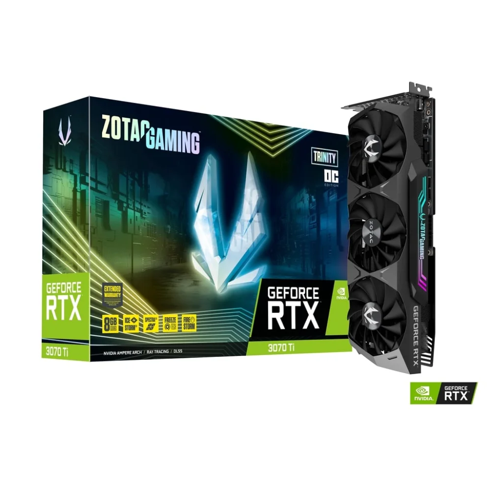 ZOTAC GAMING GeForce RTX 3070 Ti Trinity OC 8GB – Grafická karta zobrazená vedľa farebného balenia s dizajnom Zotac Gaming ZOTAC GAMING GeForce RTX 3070 Ti Trinity OC 8GB – Grafická karta zobrazená vedľa farebného balenia s dizajnom Zotac Gaming