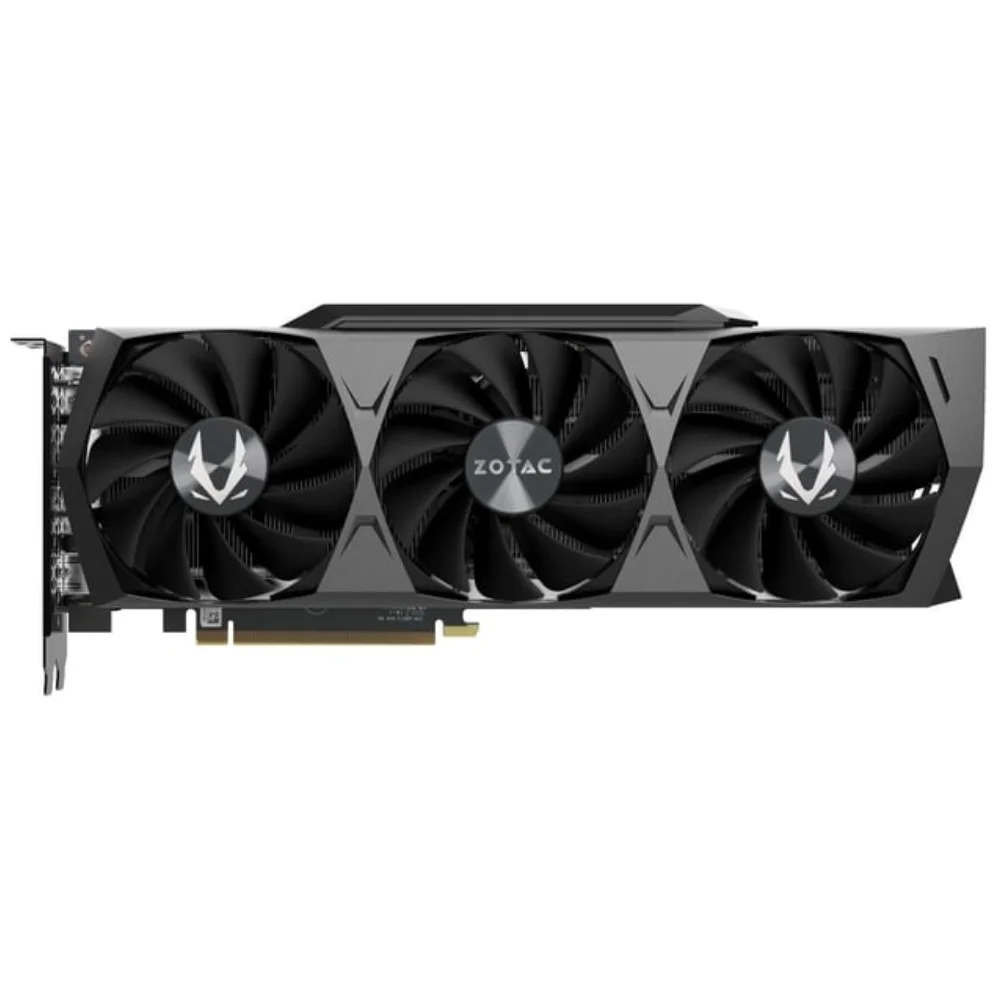 ZOTAC GAMING GeForce RTX 3070 Ti Trinity OC 8GB – Predný pohľad na grafickú kartu s tromi ventilátormi a logom Zotac v strede ZOTAC GAMING GeForce RTX 3070 Ti Trinity OC 8GB – Predný pohľad na grafickú kartu s tromi ventilátormi a logom Zotac v strede