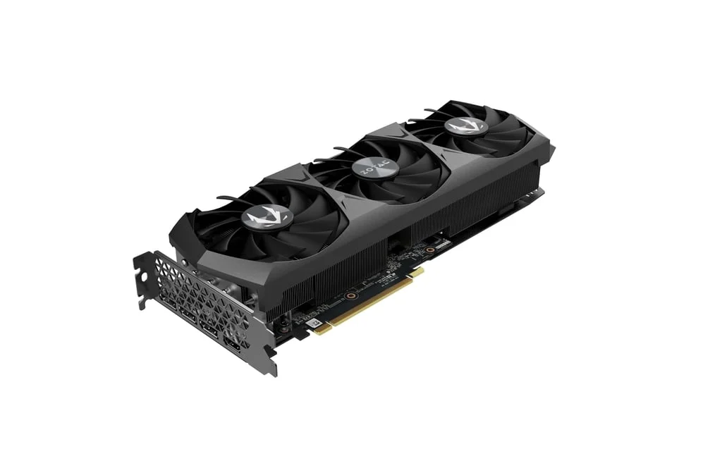ZOTAC GAMING GeForce RTX 3070 Ti Trinity OC 8GB – Pohľad zboku na ventilátory a chladič grafickej karty ZOTAC GAMING GeForce RTX 3070 Ti Trinity OC 8GB – Pohľad zboku na ventilátory a chladič grafickej karty