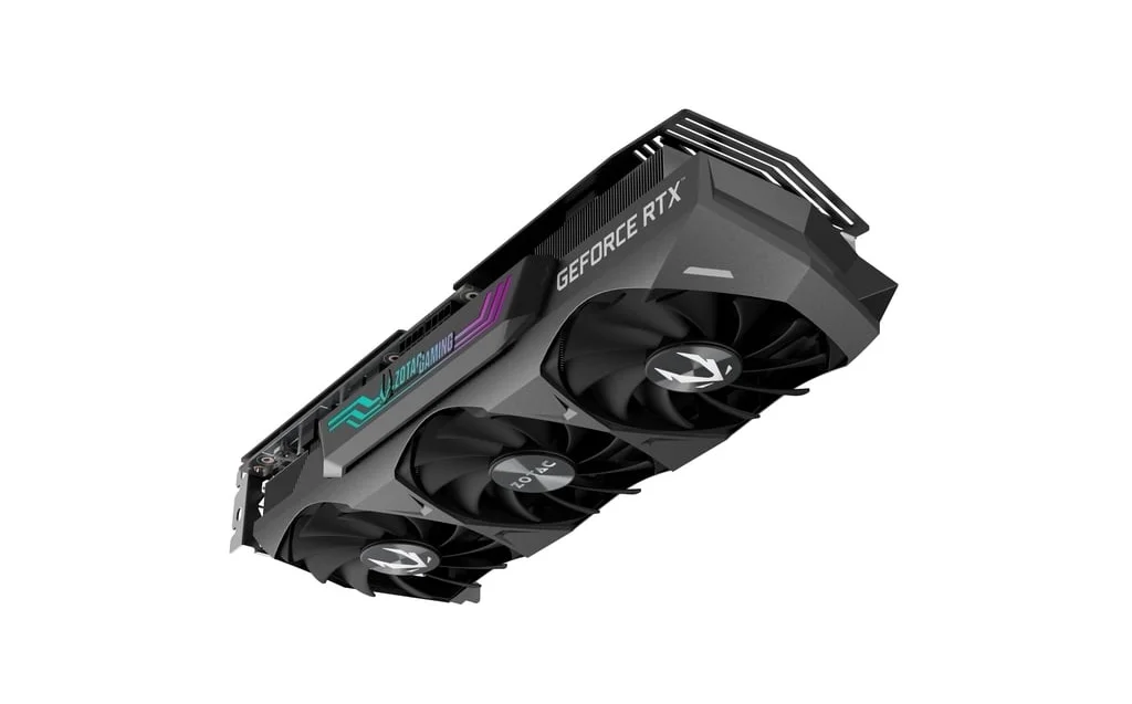 ZOTAC GAMING GeForce RTX 3070 Ti Trinity OC 8GB – Pohľad na RGB podsvietenie a ventilátory grafickej karty ZOTAC GAMING GeForce RTX 3070 Ti Trinity OC 8GB – Pohľad na RGB podsvietenie a ventilátory grafickej karty