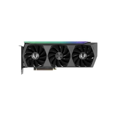 ZOTAC GAMING GeForce RTX 3080 AMP Holo 10GB – Priamy pohľad spredu na grafickú kartu s tromi ventilátormi a RGB podsvietením