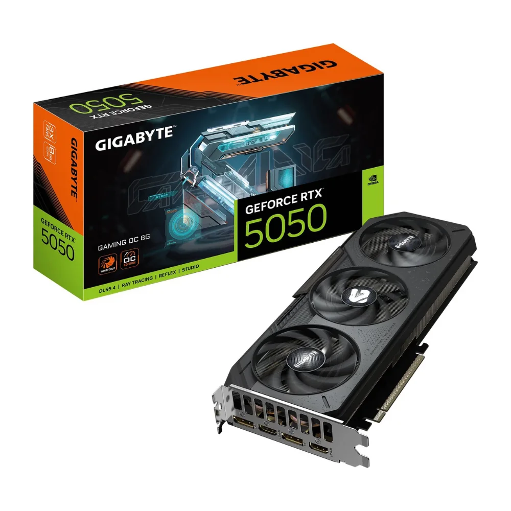 GIGABYTE GeForce RTX 5050 GAMING OC 8G - Pohľad na grafickú kartu a jej balenie