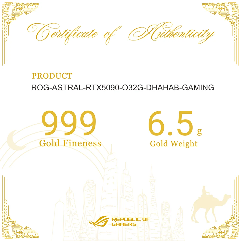 ASUS ROG Astral GeForce RTX 5090 Dhahab OC Edition – certificate of authenticity for the gold used on the graphics card