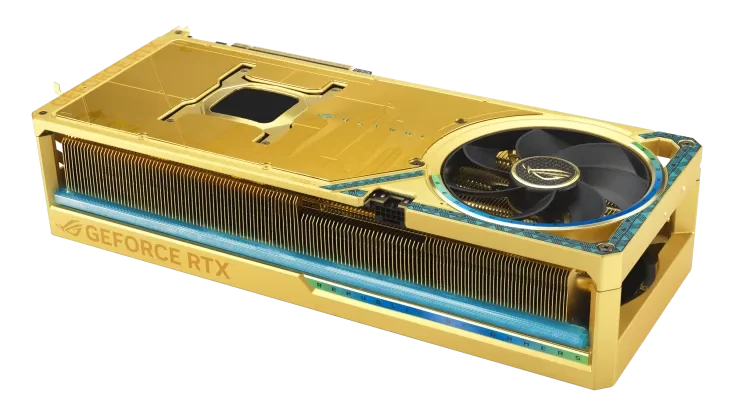 ASUS ROG Astral GeForce RTX 5090 Dhahab OC Edition – side view of the card’s robust metal shroud