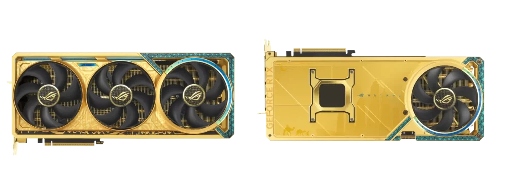 ASUS ROG Astral GeForce RTX 5090 Dhahab OC Edition – view of both sides of the card, clearly showing the layout of four fans