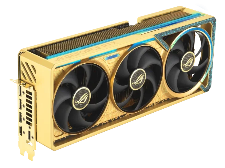 ASUS ROG Astral GeForce RTX 5080 Dhahab CORE OC pohled zepředu a z boku se třemi ventilátory.