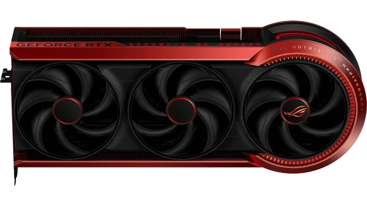 ASUS ROG Matrix GeForce RTX 5090 – Pohled na přední stranu grafické karty spolu s atraktivním designem.