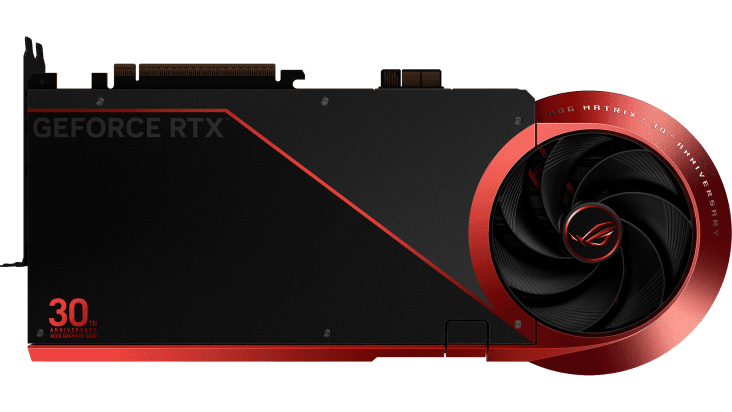 ASUS ROG Matrix GeForce RTX 5090 – Pohled na zadní stranu grafické karty s logem výročí značky.