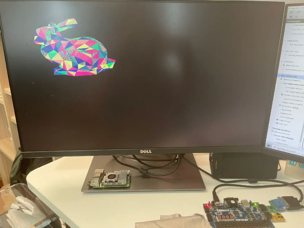 Pohled na grafický výstup pomocí TinyGPU v2.0 na FPGA desce.