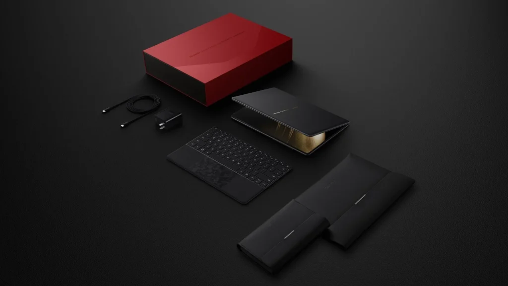 Obsah balení Huawei MateBook Fold zahrnuje klávesnici, pouzdro, nabíječku a kabel.