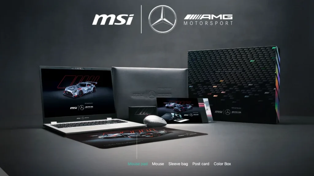 Balíček příslušenství k MSI Prestige 16 AI Mercedes-AMG Motorsport obsahuje podložku pod myš, prémiovou myš, ochranné pouzdro, pohlednice a dárkovou krabici.