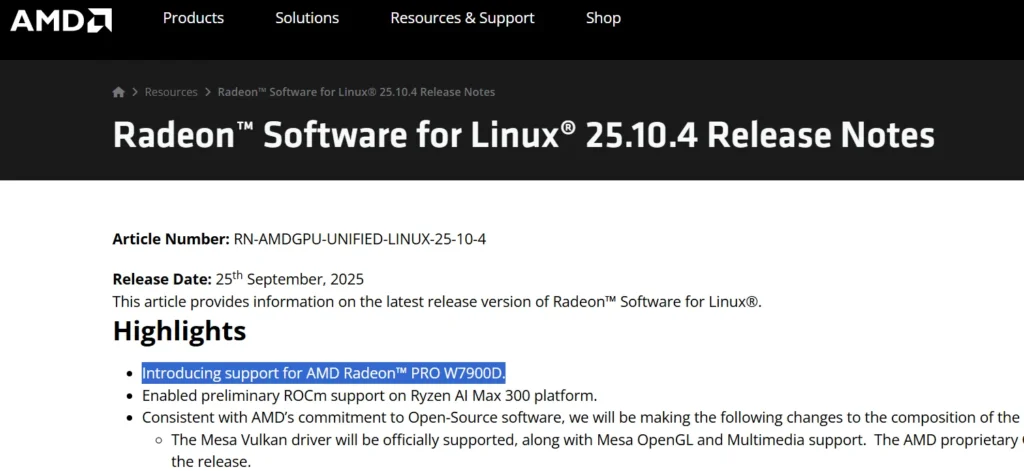 Zmienka o AMD Radeon Pro W7900D na oficiálnej stránke AMD
