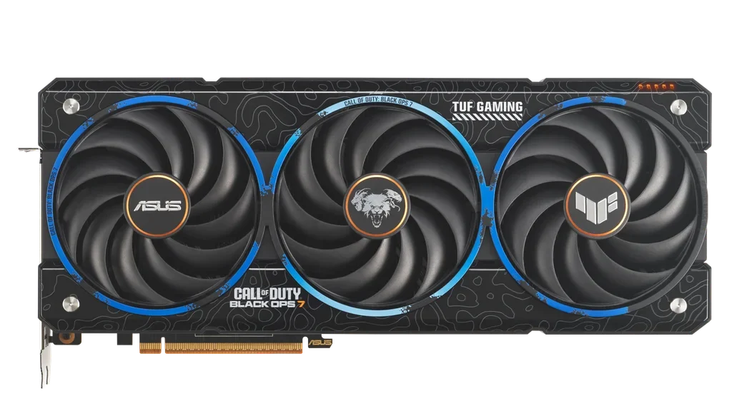 ASUS TUF RX 9070 XT Call of Duty Edition – predná strana grafickej karty s trojitým Axial-tech chladením a logom Call of Duty Black Ops 7.