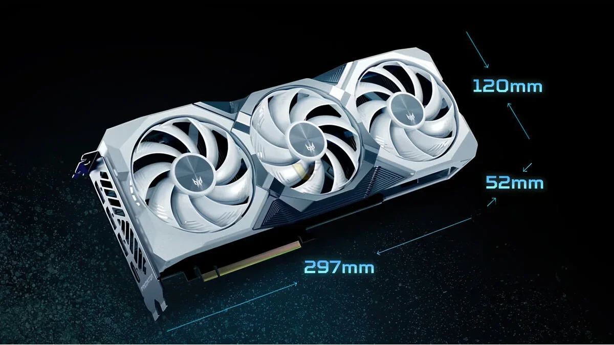 Acer Predator BiFrost Radeon RX 9070 XT so znázornenými rozmermi.