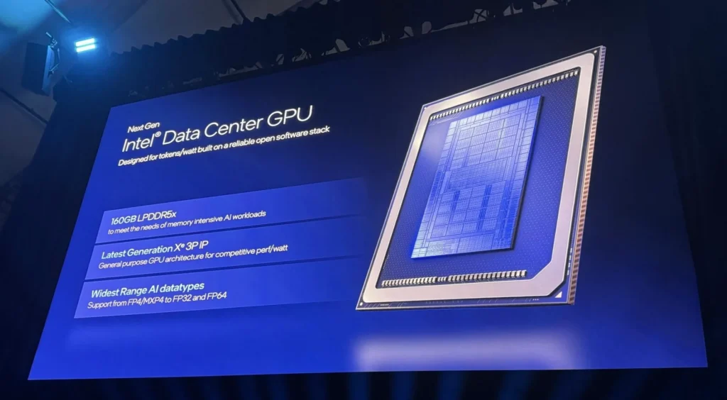 Fotografia priamo z predstavenia Intel Crescent Island GPU Xe3P