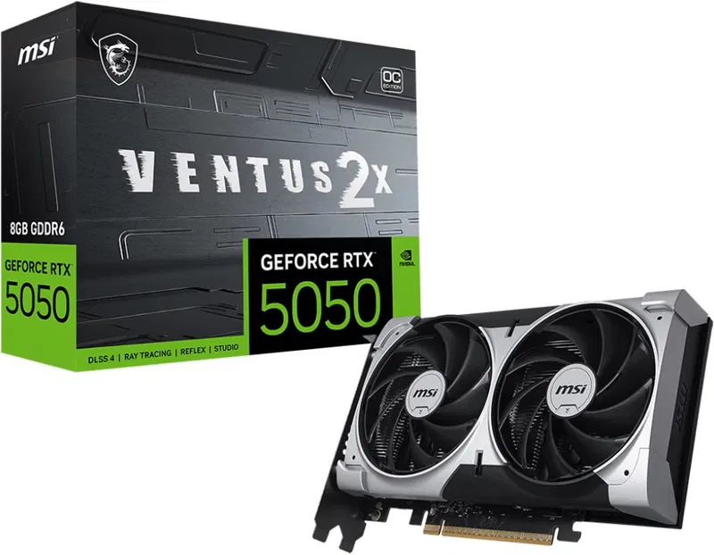 Pohľad na MSI GeForce RTX 5050 8G VENTUS 2X OC spolu s jej krabicou