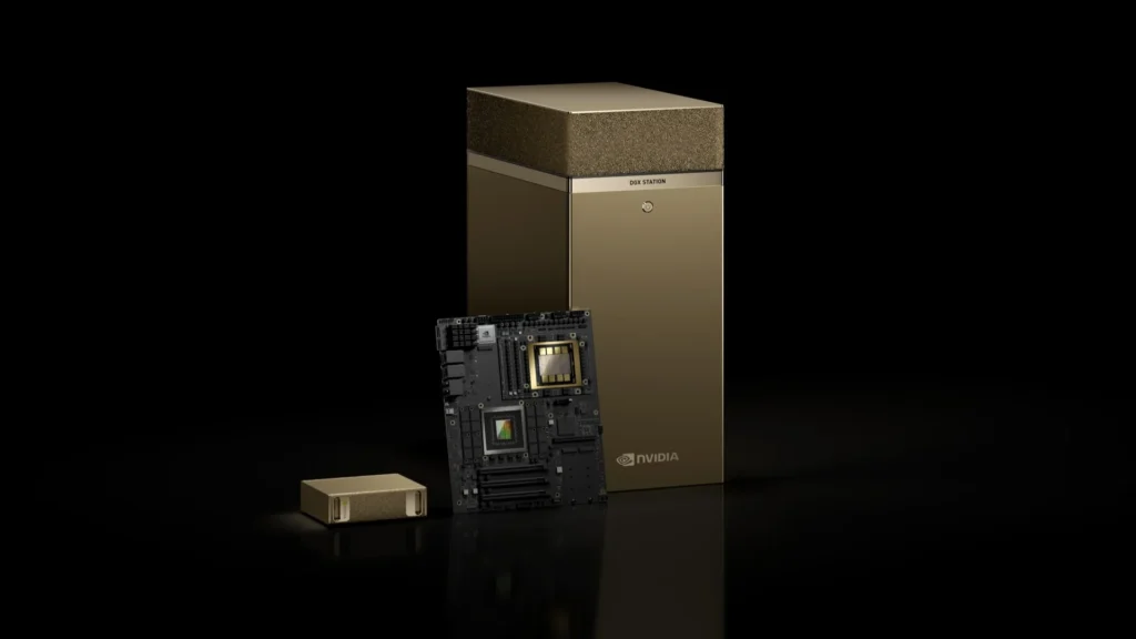 Vizualizácia Nvidia DGX Spark s čipom GB10 Grace Blackwell, zobrazujúca kompaktný dizajn zariadenia a výpočtový modul vo vnútri.