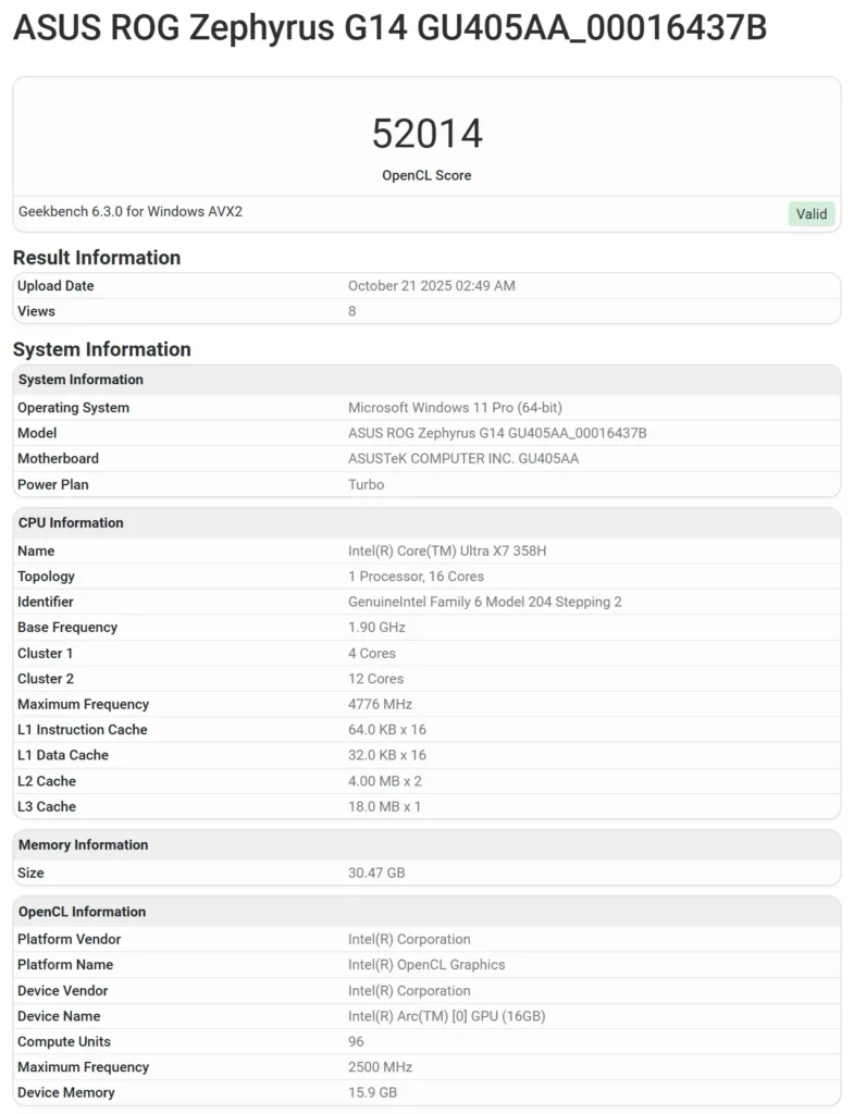 Výsledok testu Intel Core Ultra X7 Panther Lake.
