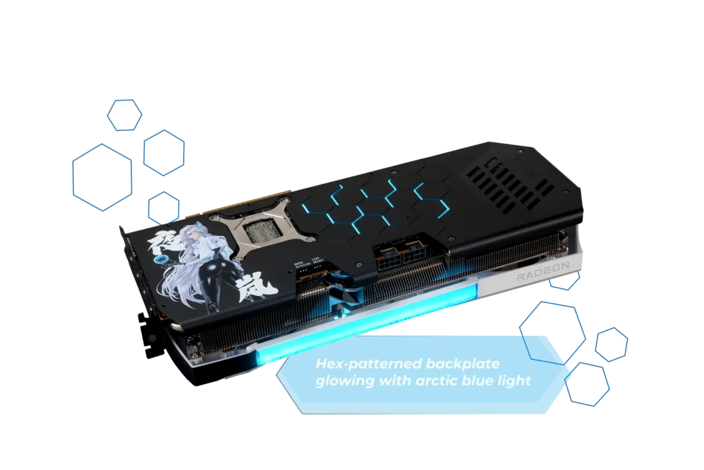 PowerColor Radeon RX 9070 XT Hellhound Reva zadná strana grafickej karty.