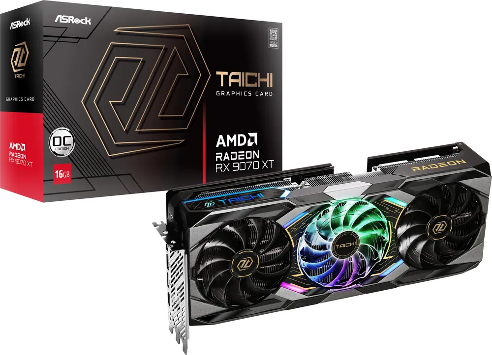 ASRock Radeon RX 9070 XT 16 GB - Pohľad na grafickú kartu s jej balením