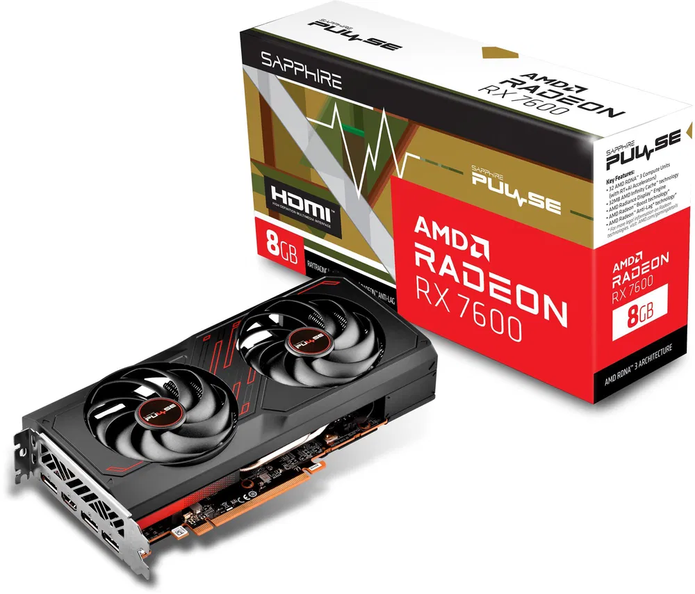 Pohled na SAPPHIRE PULSE AMD Radeon RX 7600 8G s krabicí
